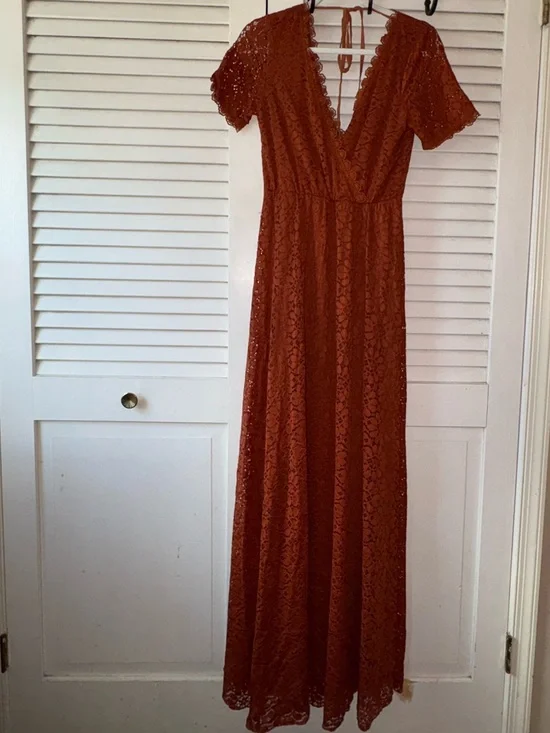 NWT Baltic Born Venice Lace Maxi Dress Rust Orange V-Neck Tie Back Boho Small - Picture 2 of 5